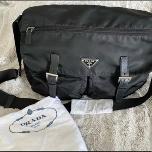 Prada Vela Buckled Messenger Bag, Black (Nero)